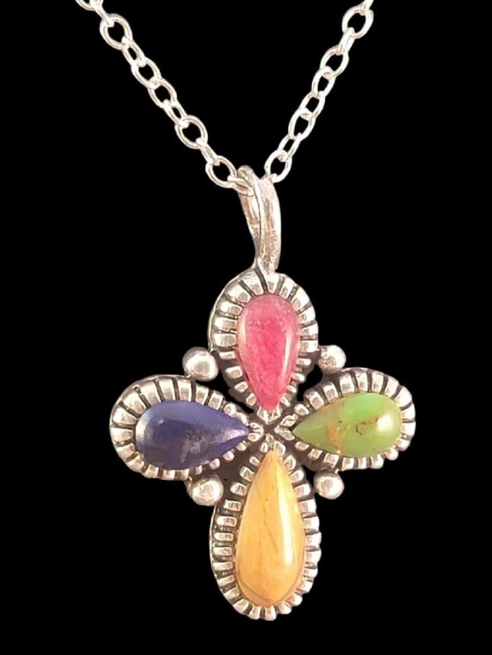 Barse Sterling Multi Stone Artisan  Cross Pendant Necklace NEW